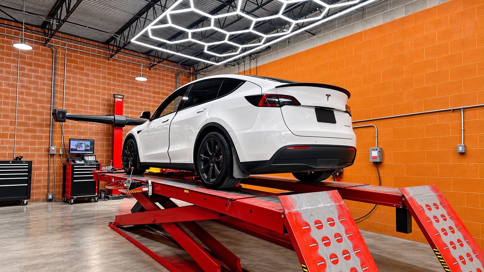 Tesla vehicle on a wheel alignment rack at Zero Pull Alignment in Houston